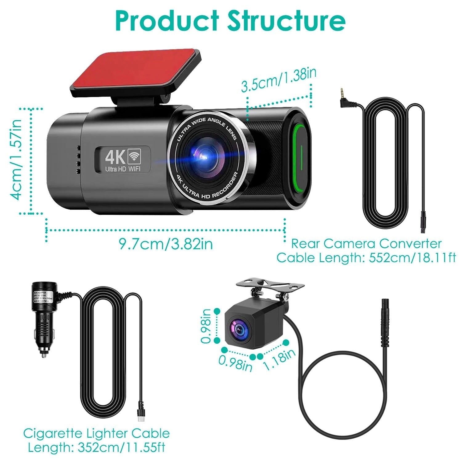 Dash Cam 4K Front 1080P Rear WiFi Mini Dual Camera