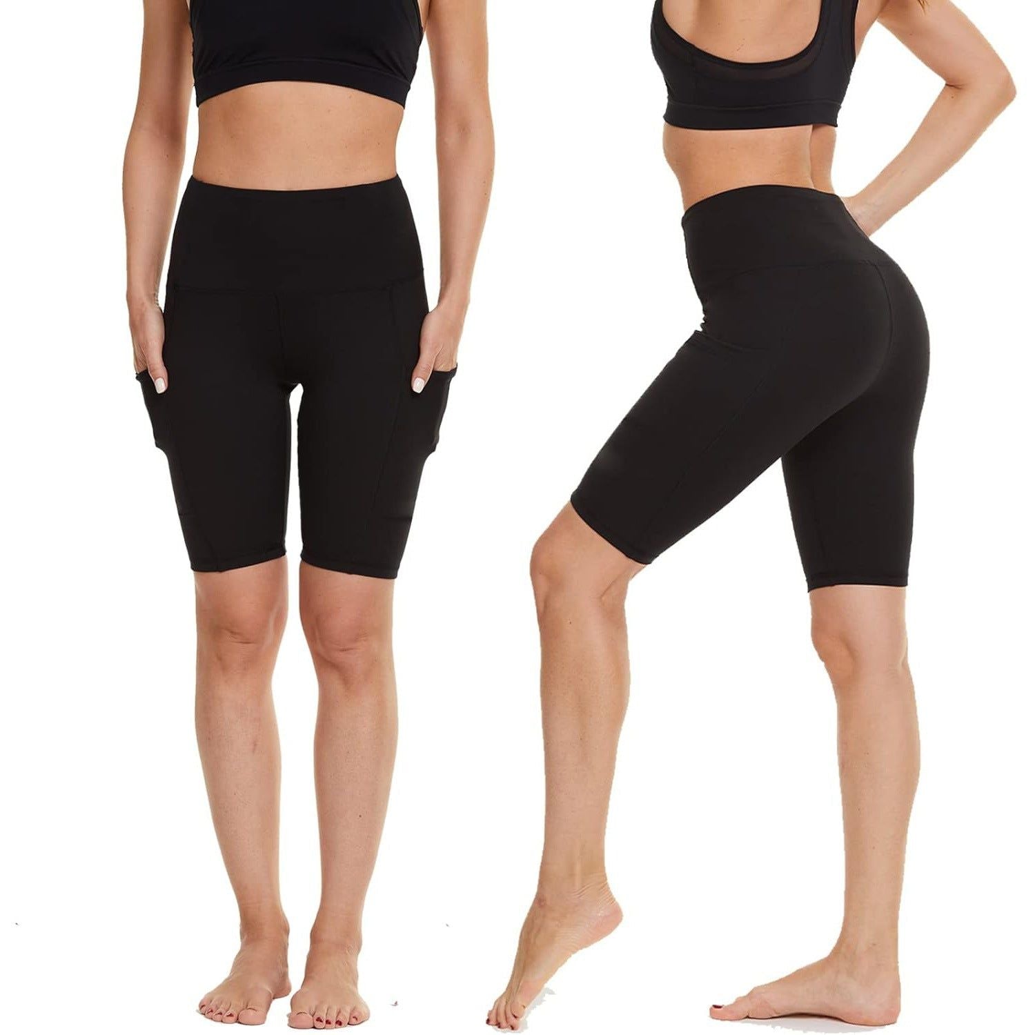 Women’s High-Waisted Slim Fit Sports Shorts with Pockets, Hip-Lifting Polyester Design
