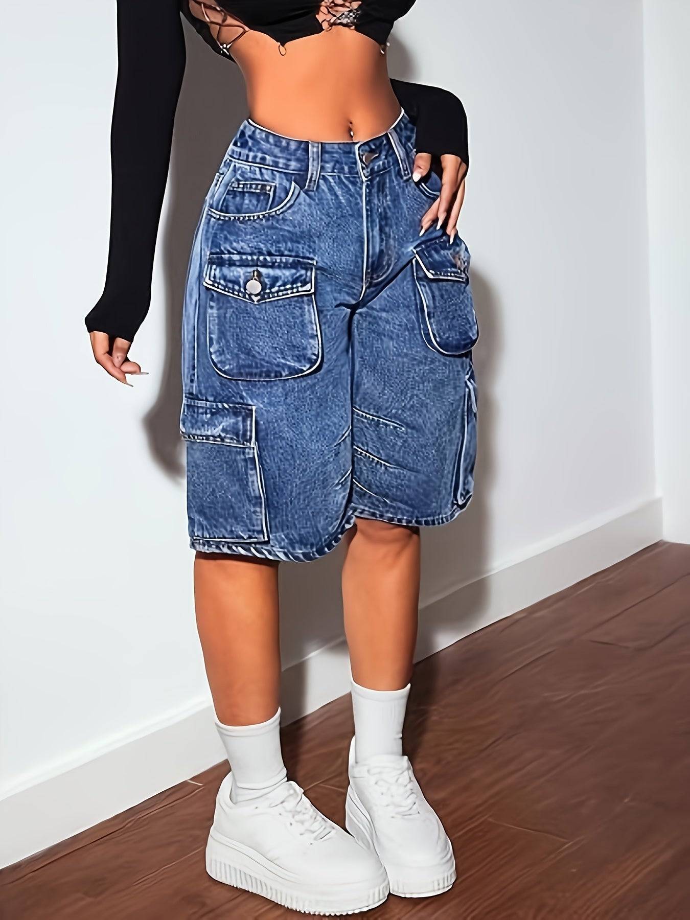 Women’s High-Rise Denim Shorts Wide-Leg Cargo Style with Utility Pockets for Summer Comfort