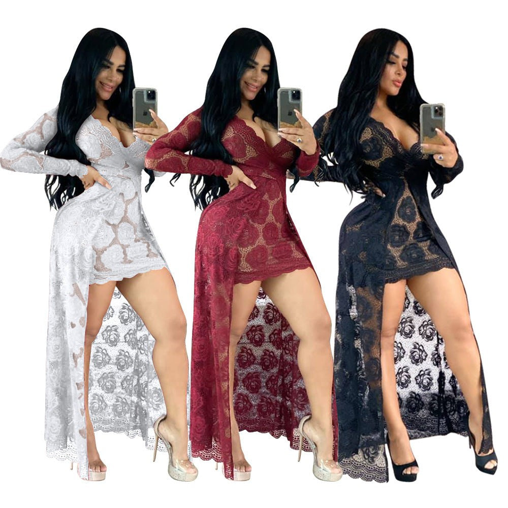 Women’s Spring Lace Dress Elegant Long Sleeve Polyester Casual European American Style in Multiple Colors