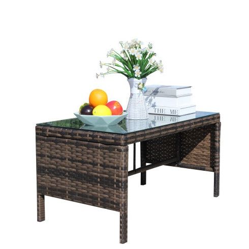 Coffee Table Rattan Outdoor with Tempered Glass