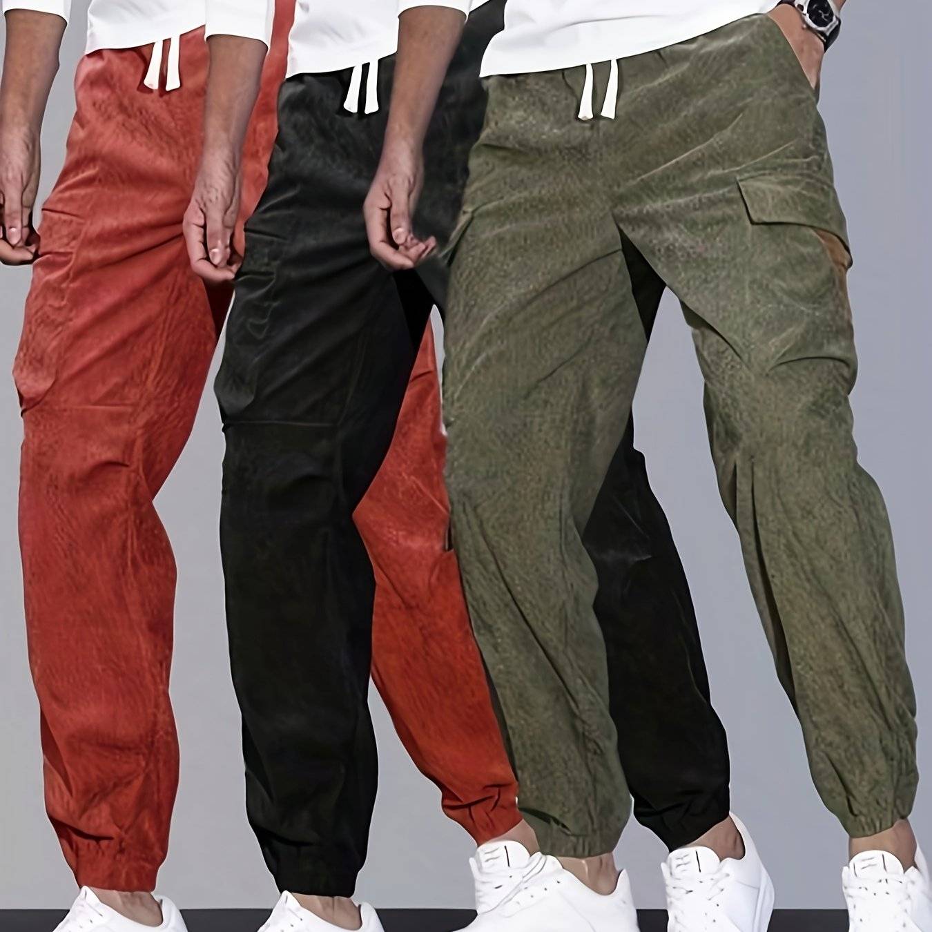 Men's Velvet Cargo Pants 3-Pack – Solid Color, Pockets, Casual & Warm for Fall/Winter
