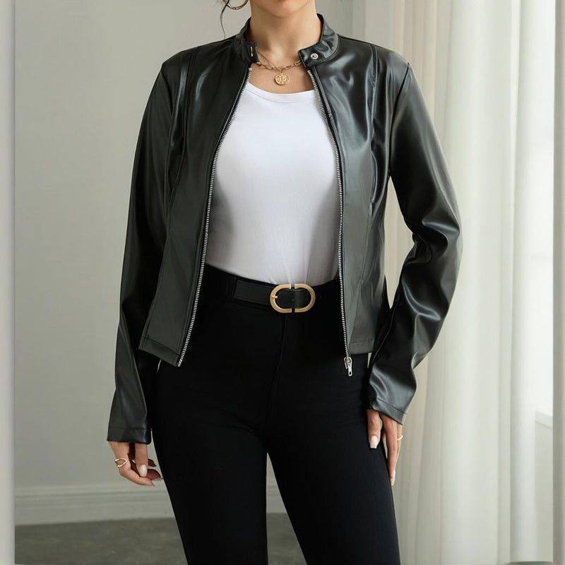 Stand Collar Faux Leather Blazer with Modern Zipper Style