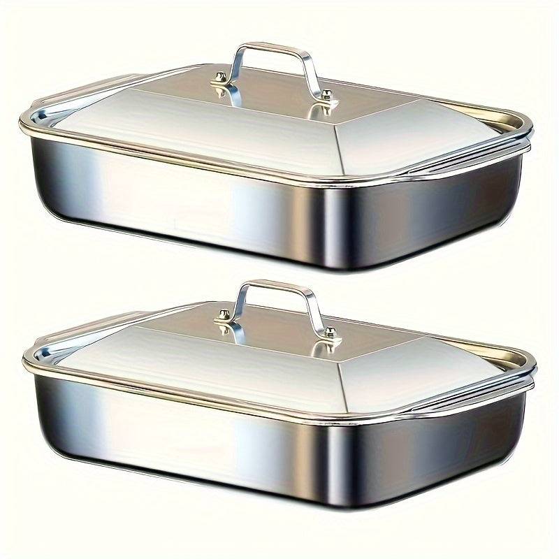 4pcs Stainless Steel Baking Pan Set – 2 Deep Dishes & 2 Handle-Lid Rectangular Roasting Pans, 16in Dishwasher Safe Cookware