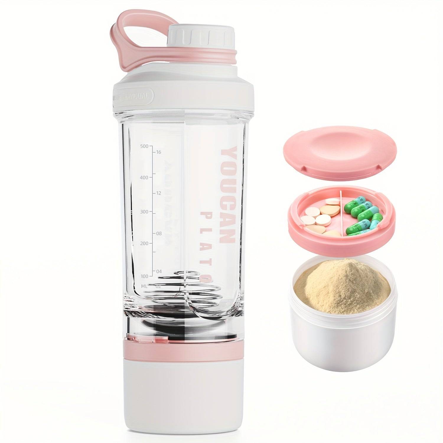 21oz Tritan protein shaker bottle BPA-free with powder container, wire whisk ball, and mixer cup for gym and shakes