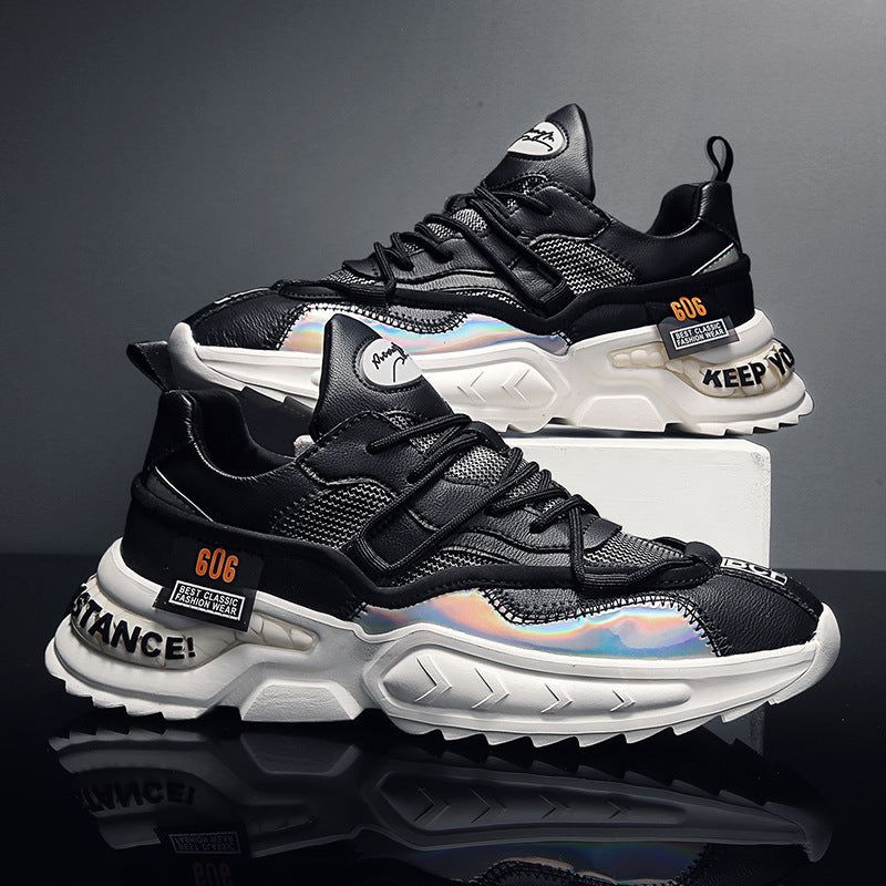 Men’s Mesh Sports Casual Shoes Breathable Microfiber Leather Upper Thick Sole Round Toe Lace-Up Sneakers