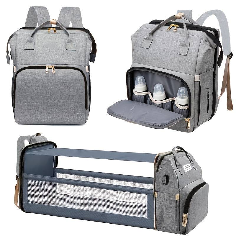 Multifunctional mommy backpack with foldable portable baby crib, double shoulder straps, stroller-friendly and large capacity