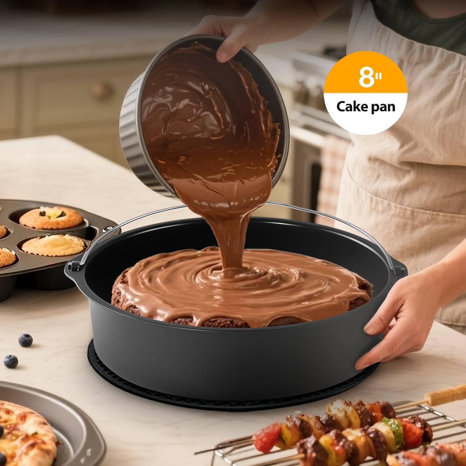 7-Piece Air Fryer Accessories Set 8" Egg Bites Mold, Pizza Pan, Cake Barrel, Skewer Rack & Silicone Mat Nonstick & Dishwasher Safe for 3.5Qt–5.8Qt Air Fryers