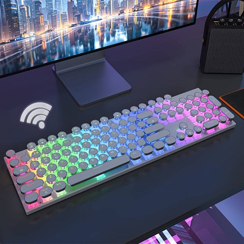 RGB Wireless Mechanical Keyboard with Round Typewriter Keycaps, 104-Key Triple Mode for Win/Mac, Blue Switch