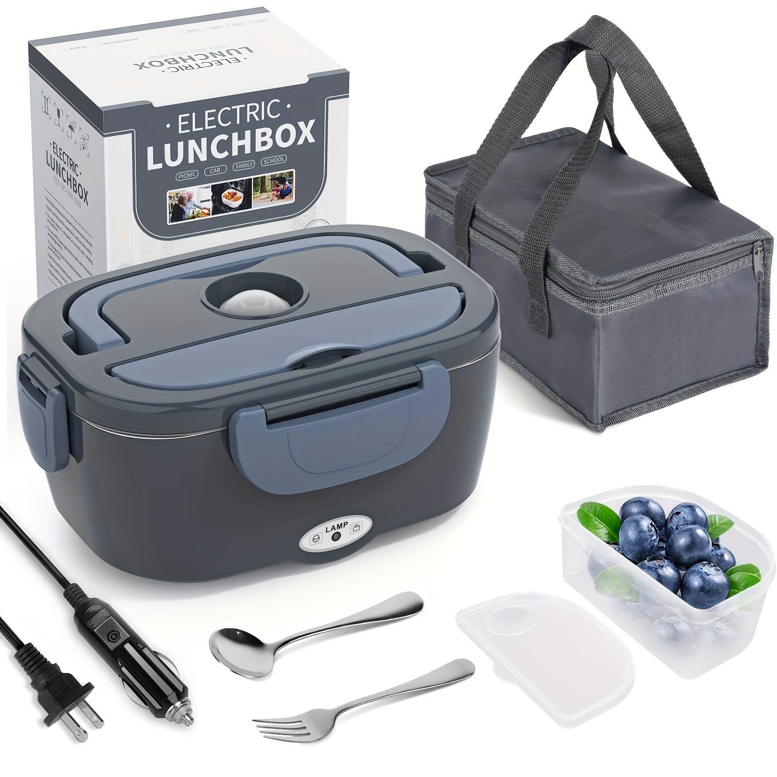 Electric Lunch Box Food Warmer 3-in-1 Portable Heated Lunchbox for Adults 12V/24V/110V with Fork, Spoon & Insulated Carry Bag for Car, Truck & Office