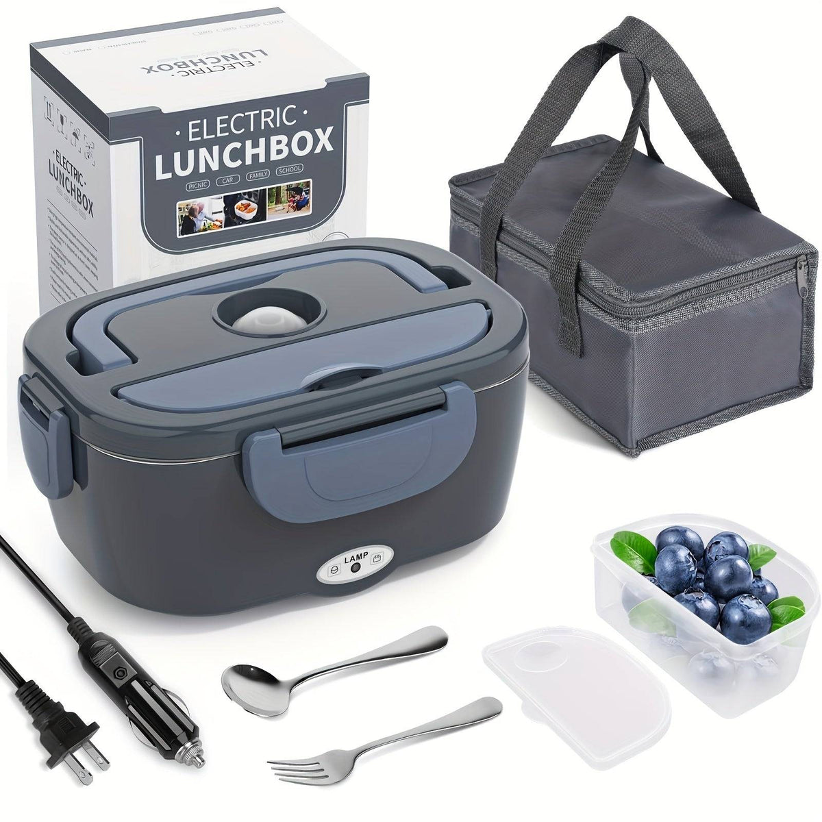 Electric Lunch Box Food Warmer 3-in-1 Portable Heated Lunchbox for Adults 12V/24V/110V with Fork, Spoon & Insulated Carry Bag for Car, Truck & Office