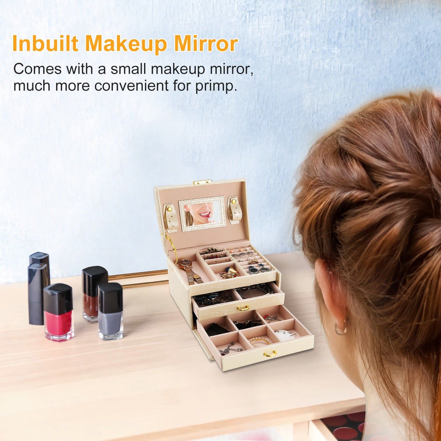 3 Layer Lockable Jewelry Box Organizer with Mirror