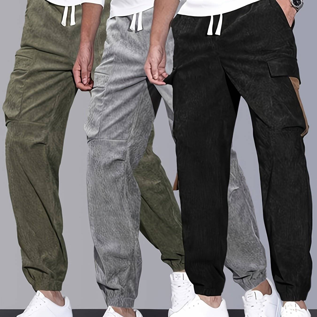 Men's Velvet Cargo Pants 3-Pack – Solid Color, Pockets, Casual & Warm for Fall/Winter