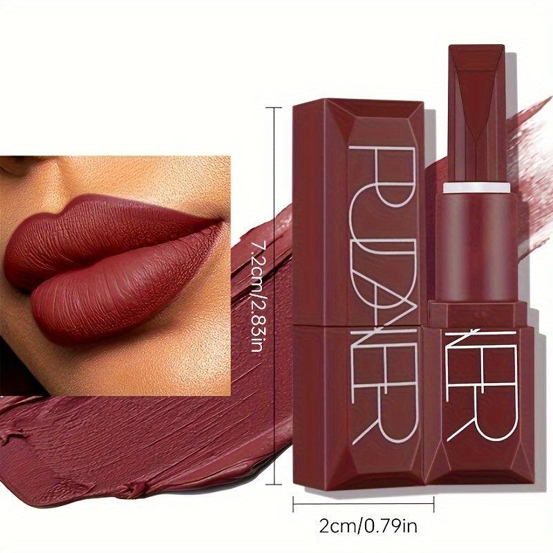 3pcs Velvet Matte Lipstick Set Waterproof Non-Stick Cup Formula with Squalane Long-Lasting Rich Brown, Pink, Purple & Red Shades