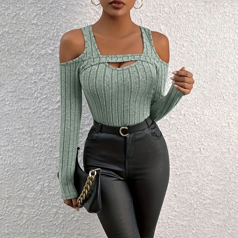 Women’s Ribbed Long Sleeved Top with Front Cut Out