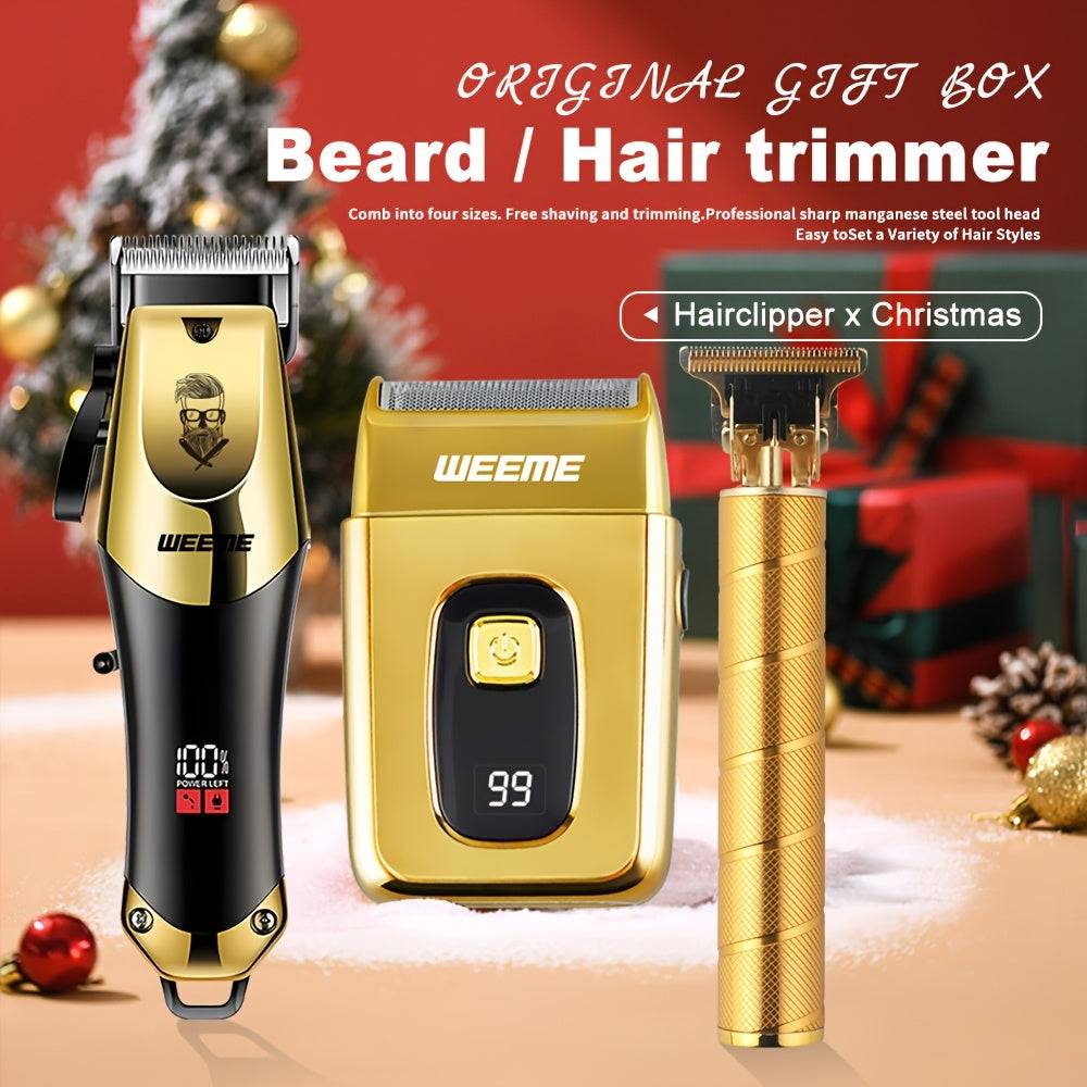 Men’s Cordless Hair Clipper Set 3-in-1 Grooming Kit in festive gift box with gold trimmer, shaver, and clipper for beard and hair styling.