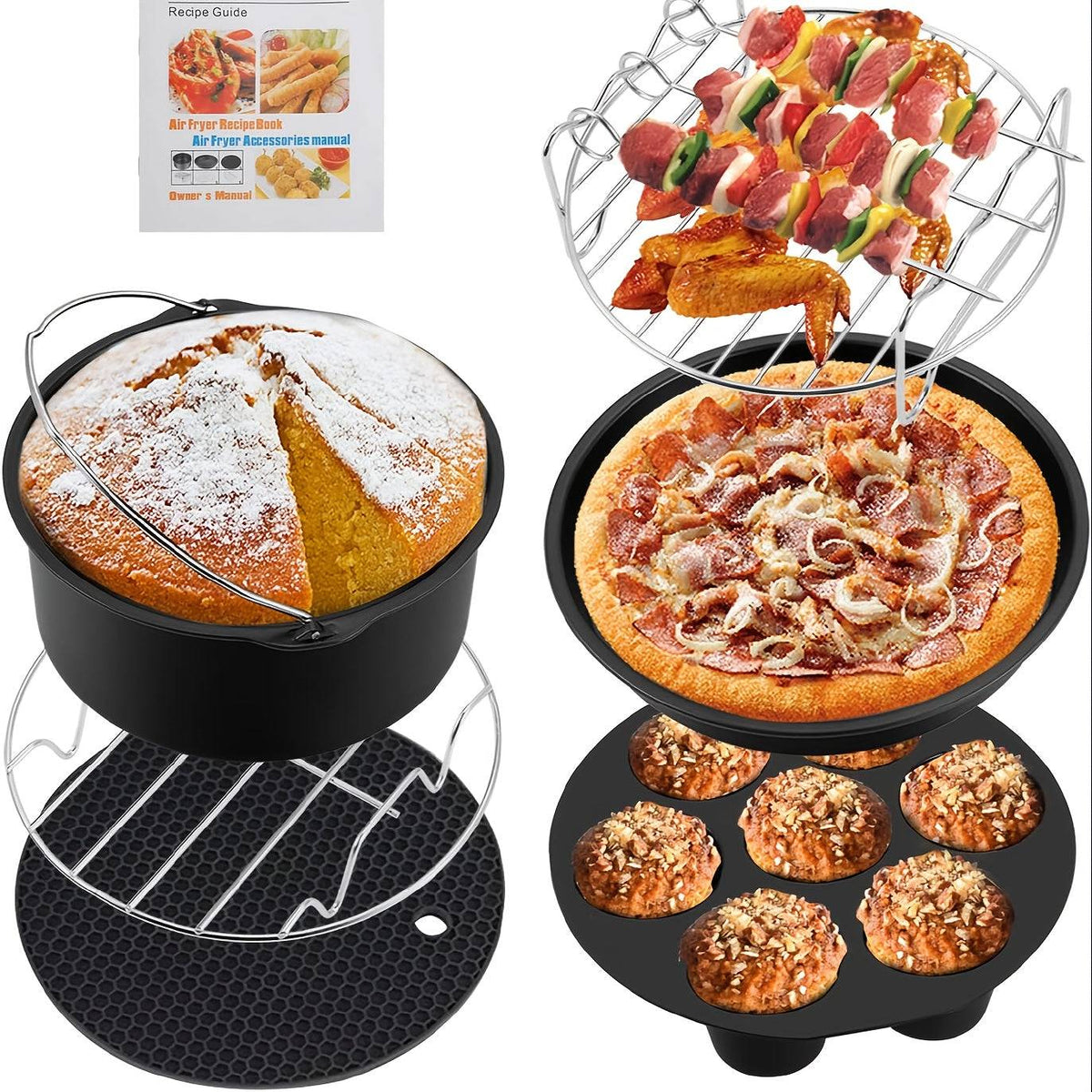 7-Piece Air Fryer Accessories Set 8" Egg Bites Mold, Pizza Pan, Cake Barrel, Skewer Rack & Silicone Mat Nonstick & Dishwasher Safe for 3.5Qt–5.8Qt Air Fryers