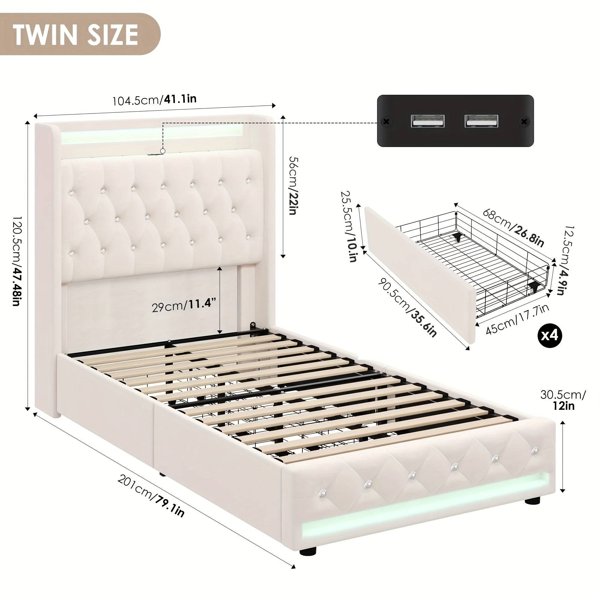 FULTRU Bed Frame with 4 Storage Drawers, LED Velvet Platform with USB Ports and Tufted Wingback Headboard