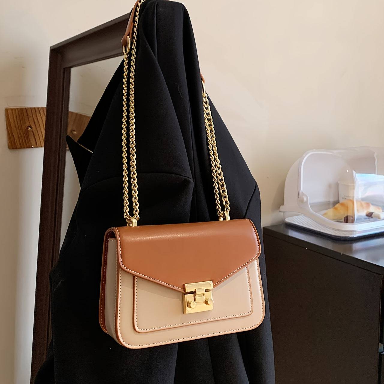 Women’s Mini Shoulder Bag – Beige Square Clutch with Gold Chain, Elegant for Parties & Travel