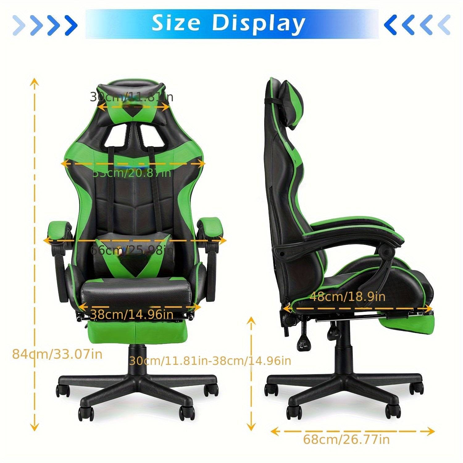 Size chart of green ergonomic gaming chair with massage, showing dimensions of seat, backrest, and armrest for optimal fit.