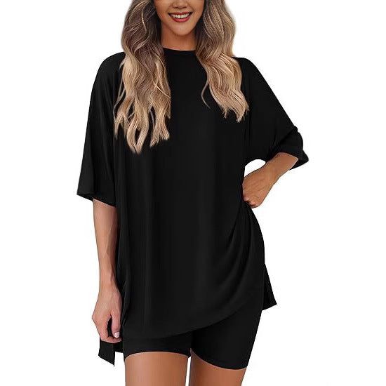 Women’s Two Piece Set Crew Neck Top and Loose Shorts