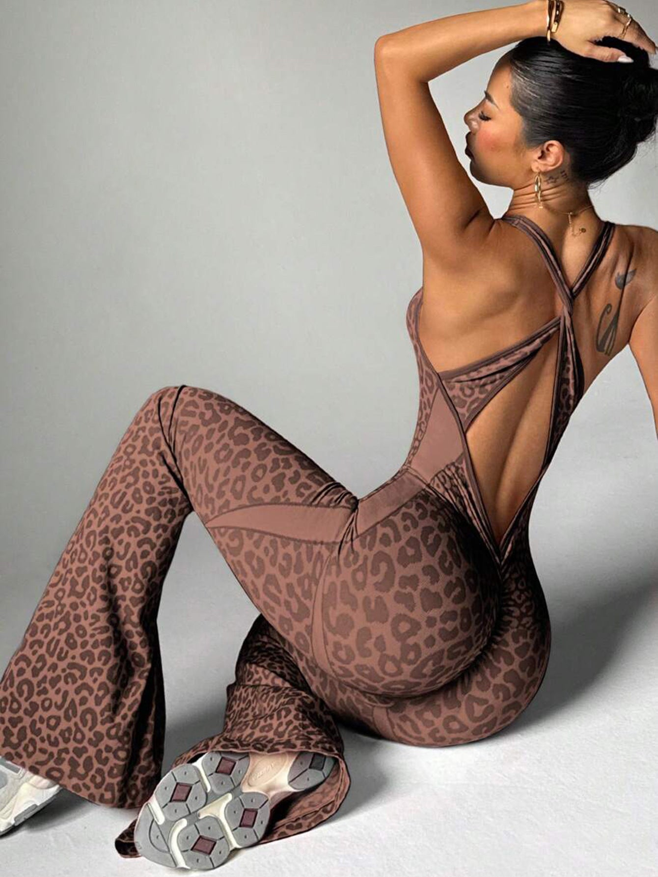 Women’s Casual Sports Jumpsuit Leopard Print Cross Back Moisture-Wicking Polyester Nylon Spandex Blend