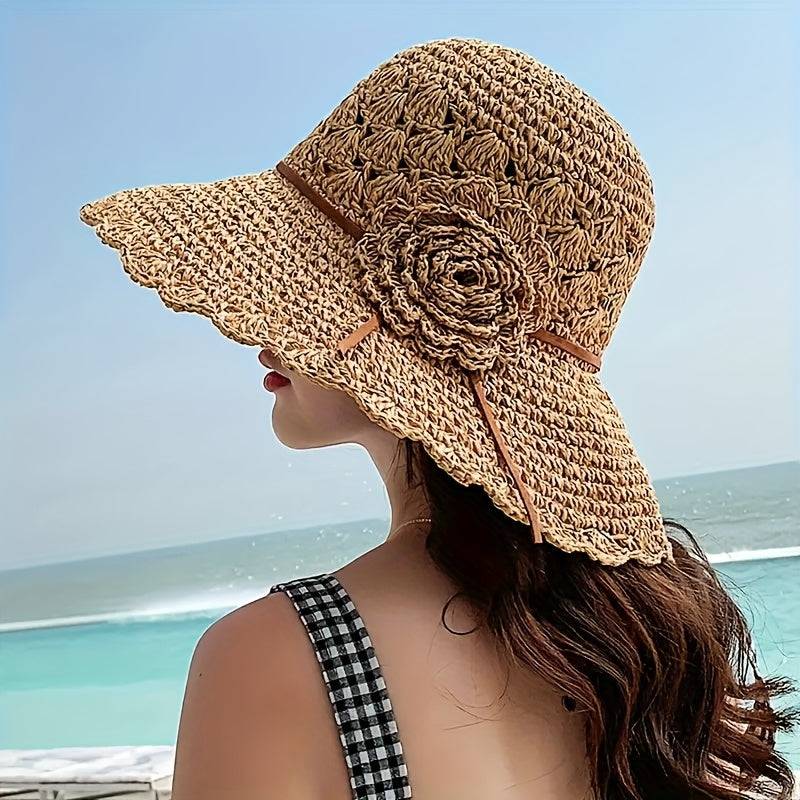 Women's breathable straw bucket hat with floral crochet detail, wide brim sun protection for outdoor and casual wear