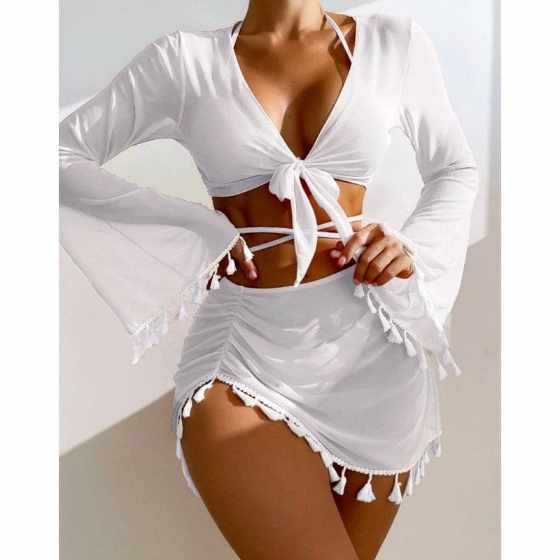 Solid Color Bikini With Short Skirt And Long Sleeve Cover-up Fashion Bow Tie Fringed Swimsuit Set Summer Beach Womens Clothing - PMMNAPOLES