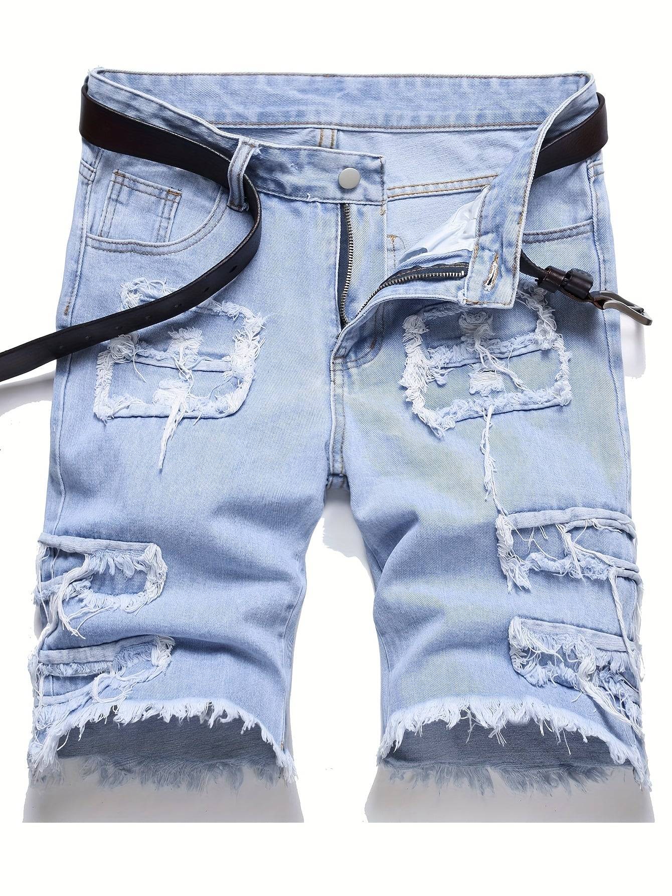 Men’s Summer Denim Shorts Distressed Ripped Design with Raw Hem Cotton Blend, Machine Washable
