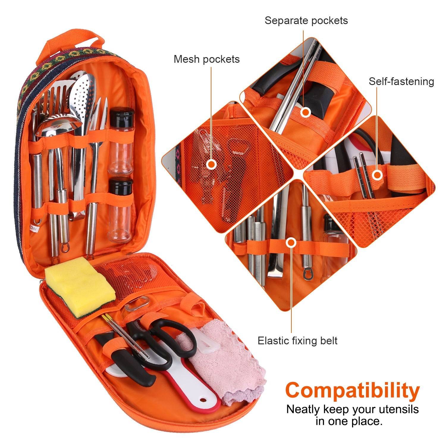 19 Piece Stainless Steel Cookware Camping Utensil Kit