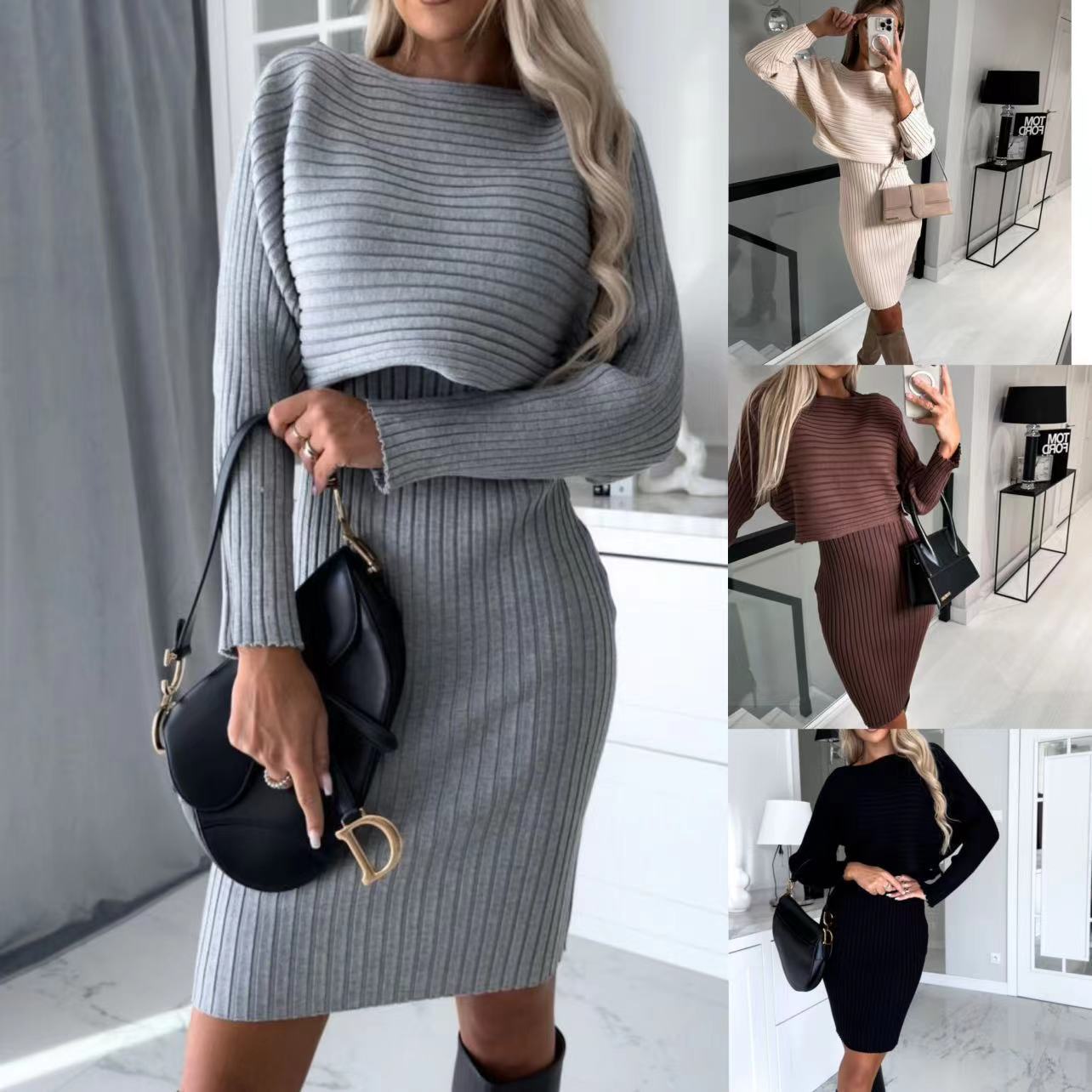 Women’s Two-Piece Woolen Skirt Set Solid Color Long Sleeve Top with Matching Skirt Casual Elegant Outfit