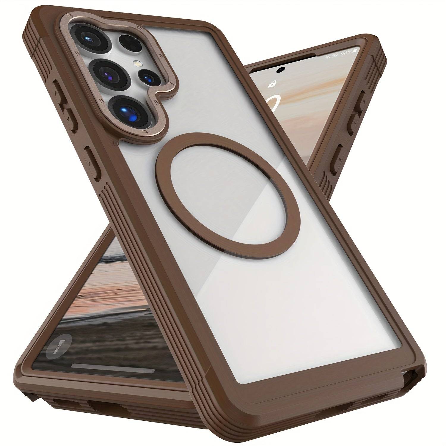 Rugged Magnetic Dual-Layer Case for Samsung Galaxy S25/S25+/S25 Plus/Ultra 5G, Clear or Brown Shockproof Bumper Protective Cover