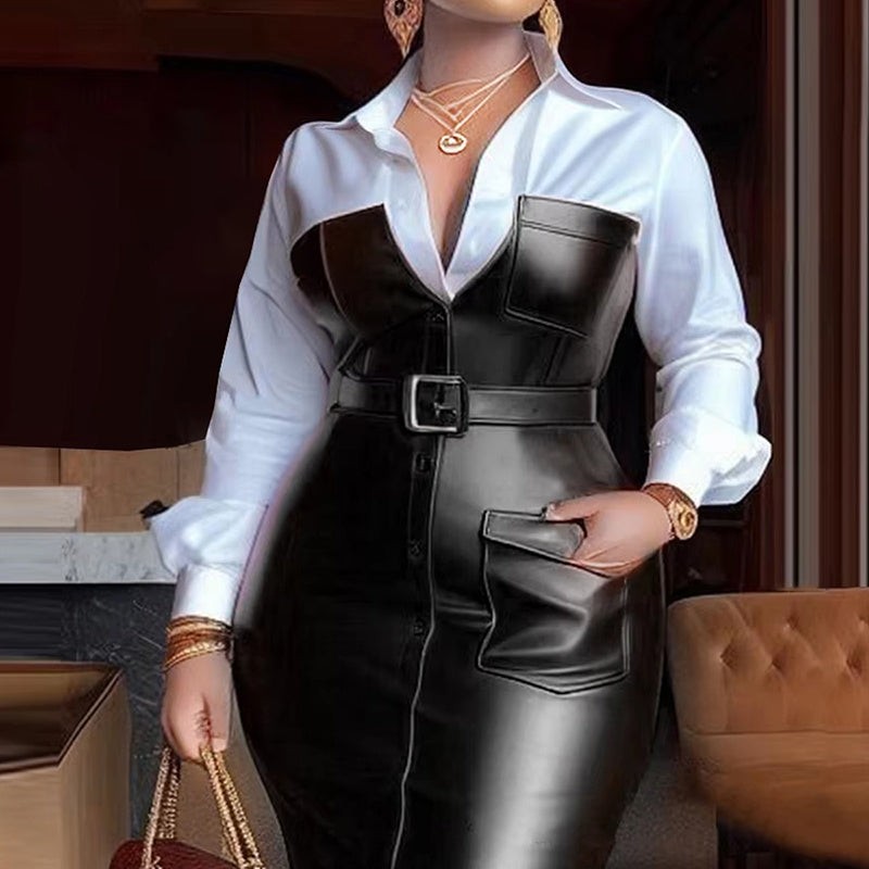 Women’s V-Neck Long Sleeve Shirt Dress Faux Leather Trim