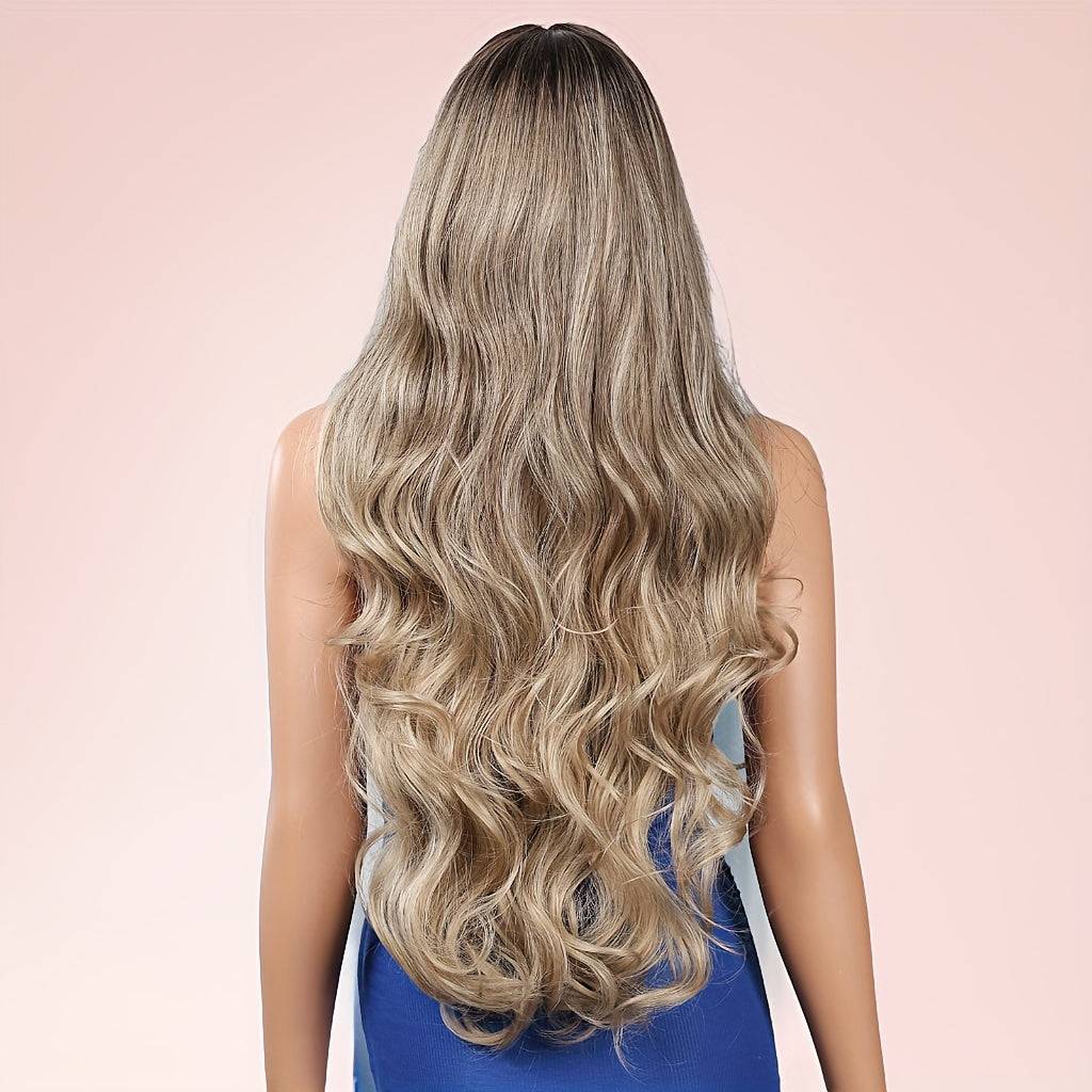Synthetic Wig for Women Heat-Resistant Long Beach Waves with Blunt Bangs Voluminous Curly Hairpiece with Adjustable Cap for Weddings, Parties & Daily Wear