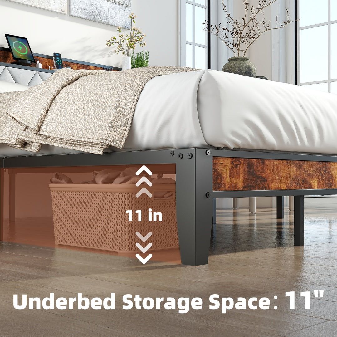 Upholstered Bed Frame with Headboard Storage and Charging