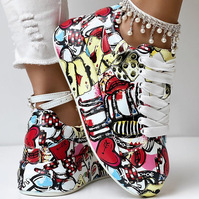Casual Lace Up Sneakers with Thick Sole and Print Design