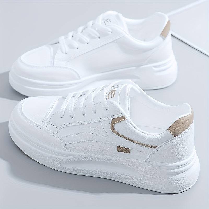 Women’s All-Season Lace-Up Sneakers – White Casual Shoes with Round Toe, Thick Platform Sole & Durable PVC Outsole