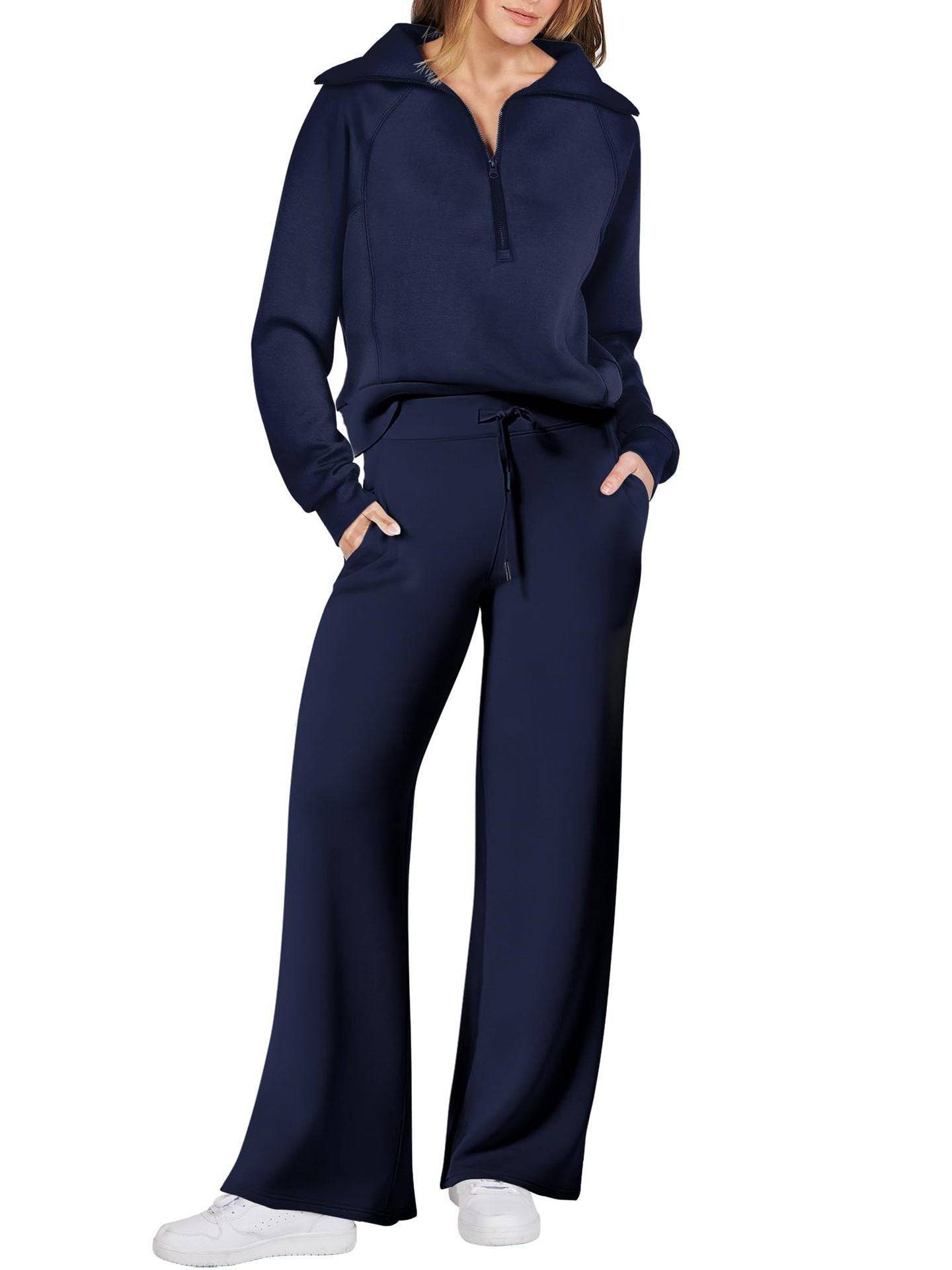 Two Piece Set Zip Sweatshirt Wide Leg Pants Suit