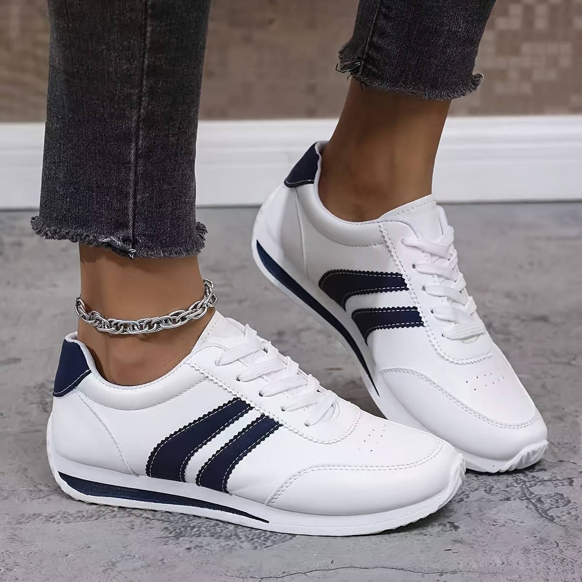 Women’s Lightweight Sneakers – Cushioned Insoles, Non-Slip Sole, White with Navy Accents