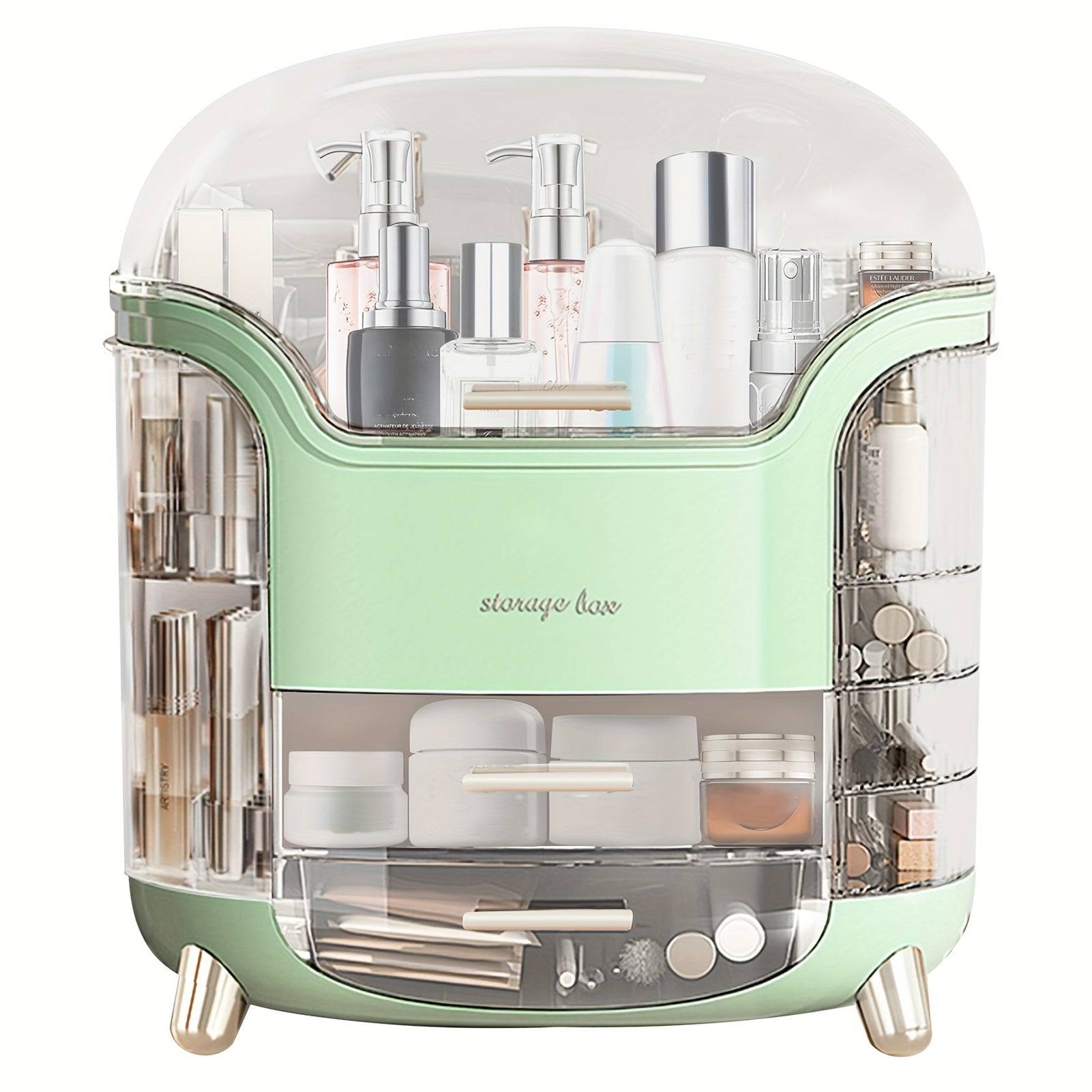 Green version of Makeup Storage Organizer with Clear Lid, waterproof and dustproof, perfect for organizing skincare and makeup products.