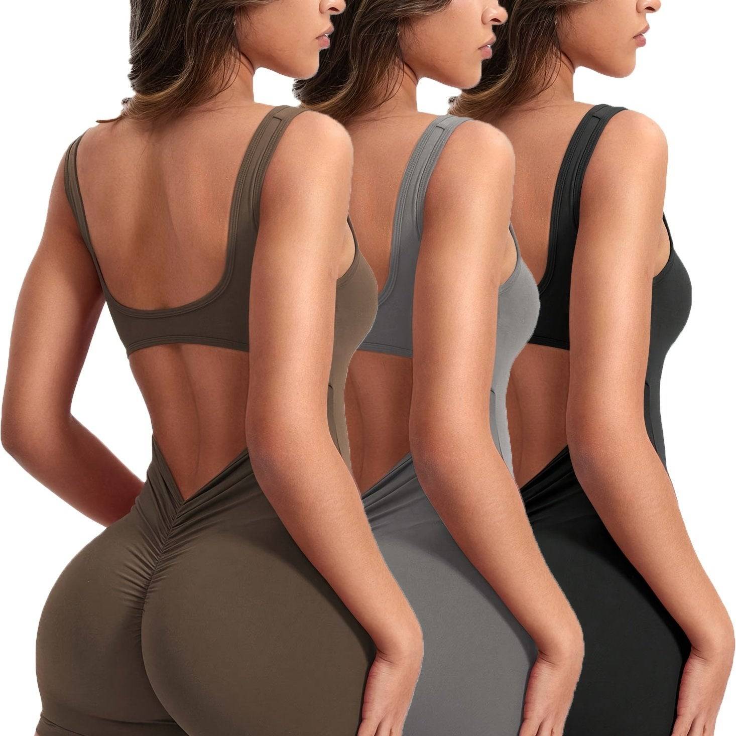 3pcs Women’s Seamless Fitness Bodysuit – Backless with Hip Lift, Tummy Control & V-Back Ruched Shorts for Gym & Running