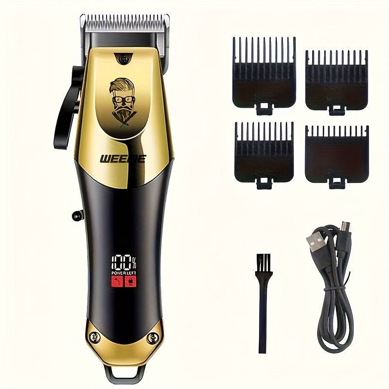 Close-up of Men’s Cordless Hair Clipper with digital display, USB charging cable, cleaning brush, and four guide combs for precise grooming.