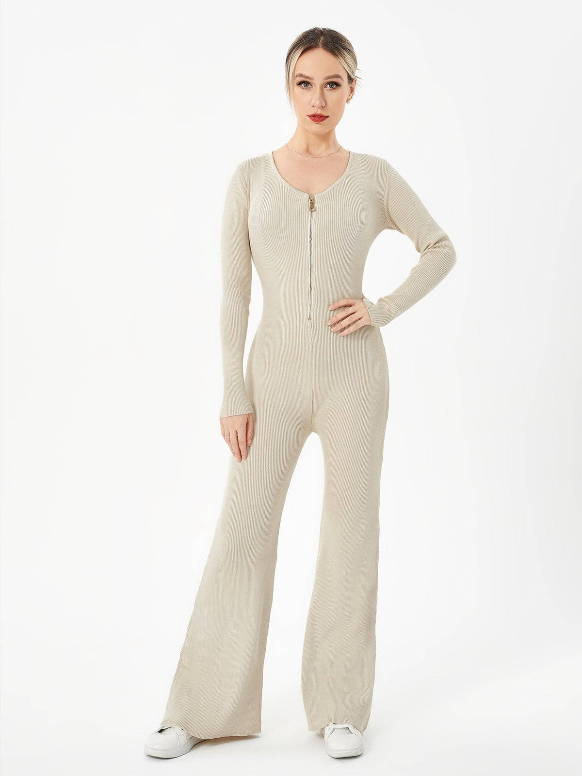 Women Jumpsuit Two Piece Zipper Top Flared Trousers Set
