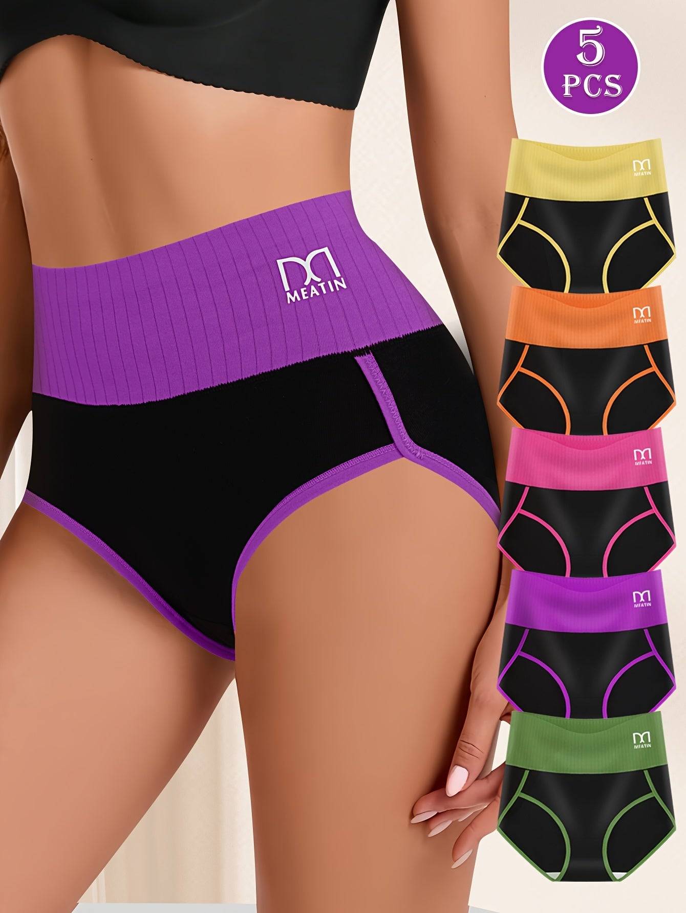 5pcs high-waist tummy control panties for women, contrast color briefs, soft stretch fabric, comfortable bikini fit