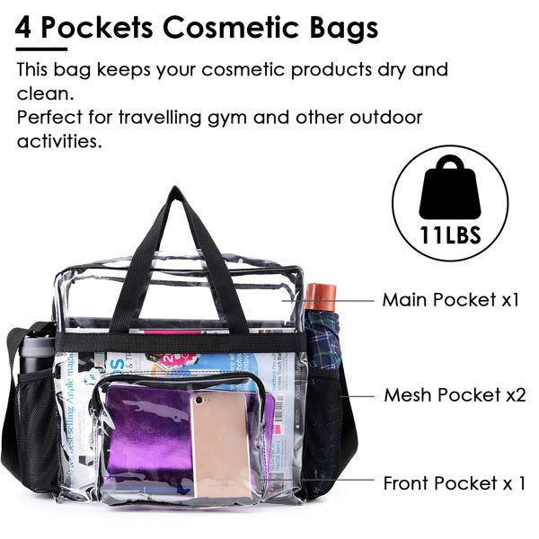 Clear PVC Tote Bag with Crossbody Strap and 4 Pockets