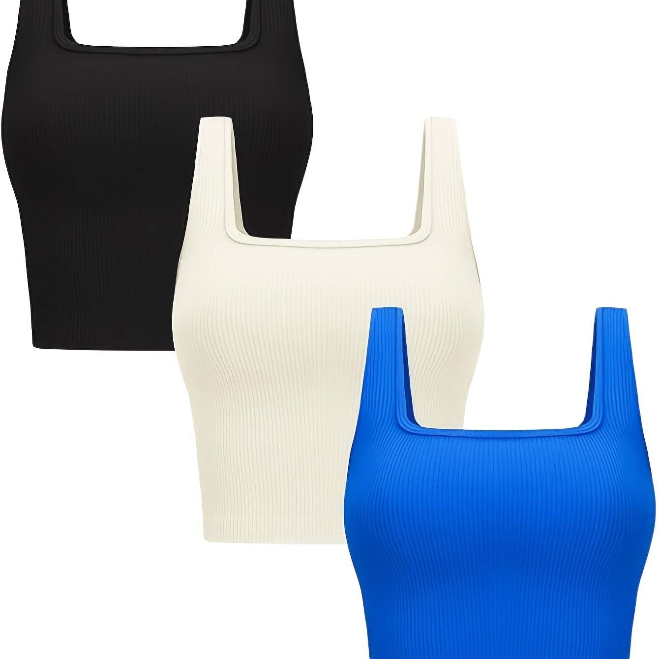 3-Pack Women’s Seamless Ribbed Crop Tank Tops, Square Neck Sleeveless Shirts in Solid Colors, Regular Fit for All-Season Casual Wear