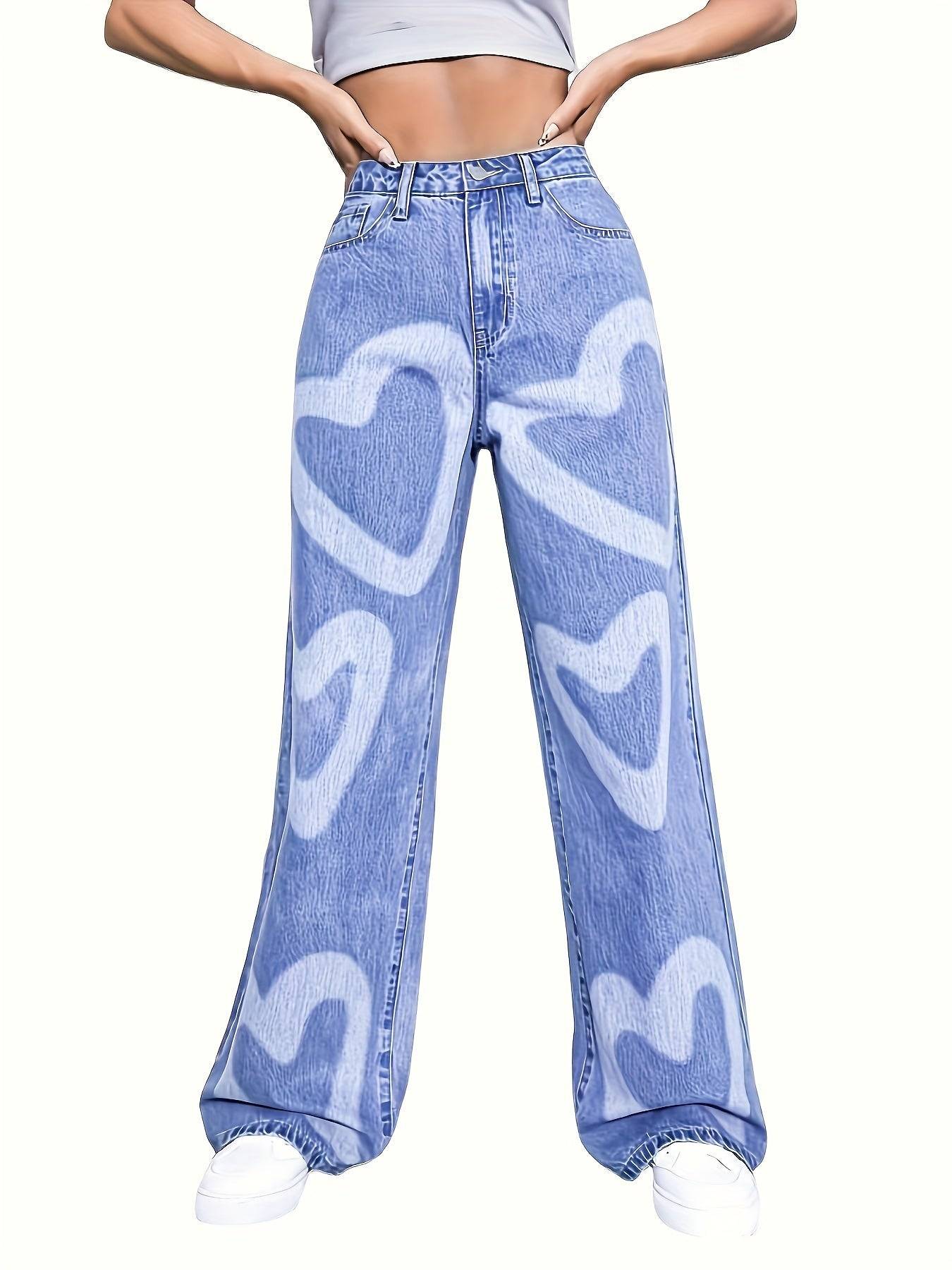 Women’s High-Waisted Wide-Leg Jeans Light Blue Denim with Heart Print Casual Loose Fit