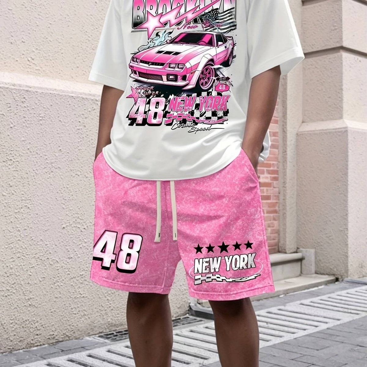 Men's Vintage Muscle Car T-Shirt – Retro Racing Graphic Tee in Pink & White, 100% Cotton