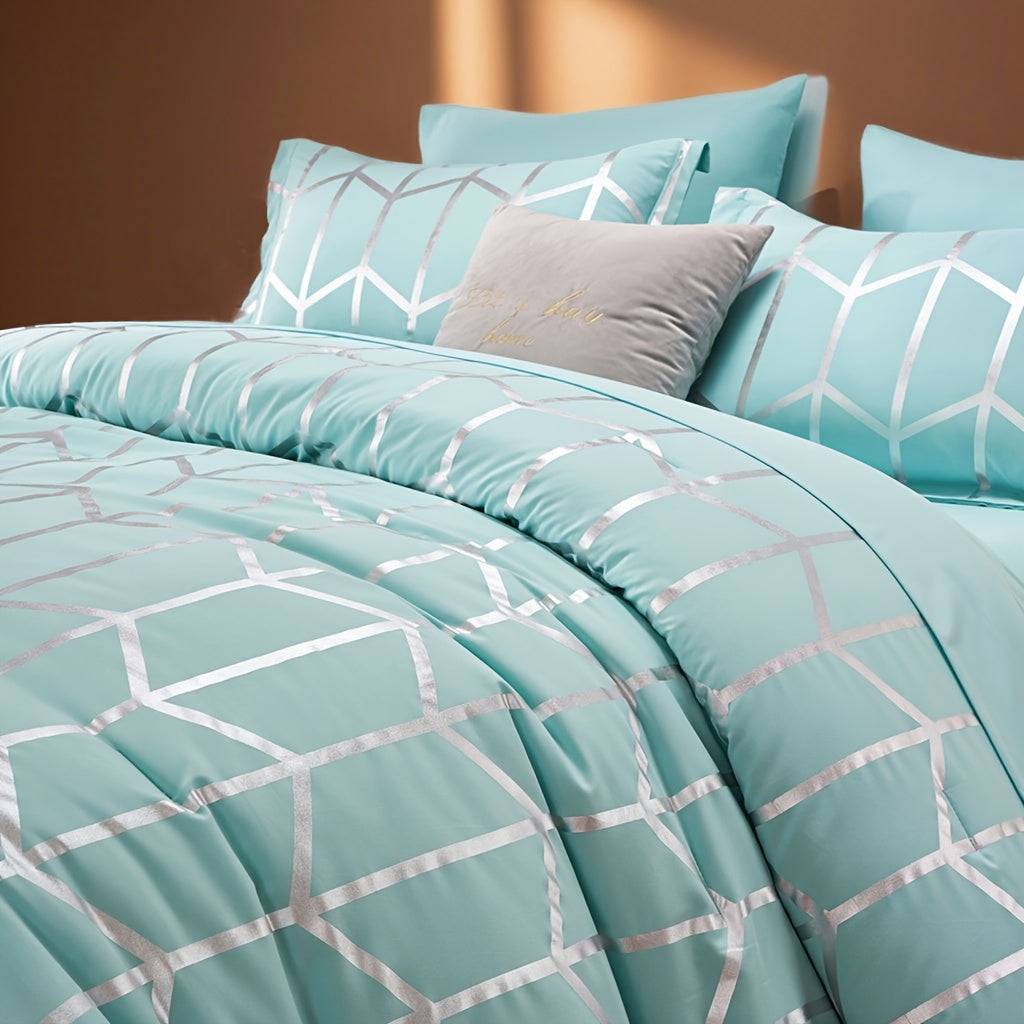 5/7-Piece Golden Foil Comforter Set, Soft Microfiber Queen Bedding with Pillowcases and Sheets, All-Season Easy-Care