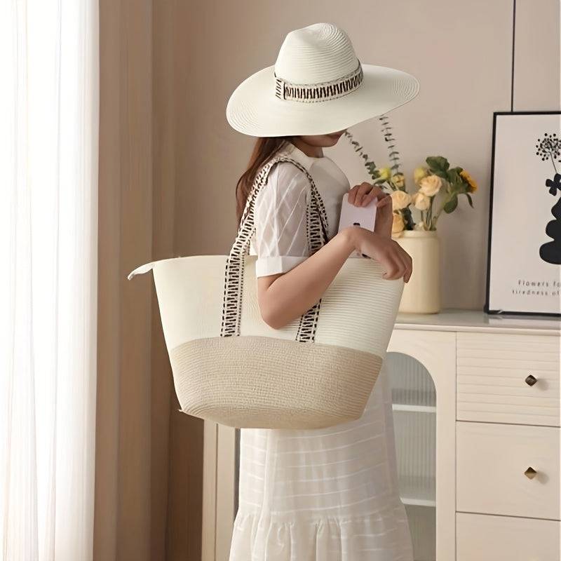 Model showcasing white and beige 2pcs Summer Travel Set with wide brim straw hat and large beach bag, ideal for summer travel.